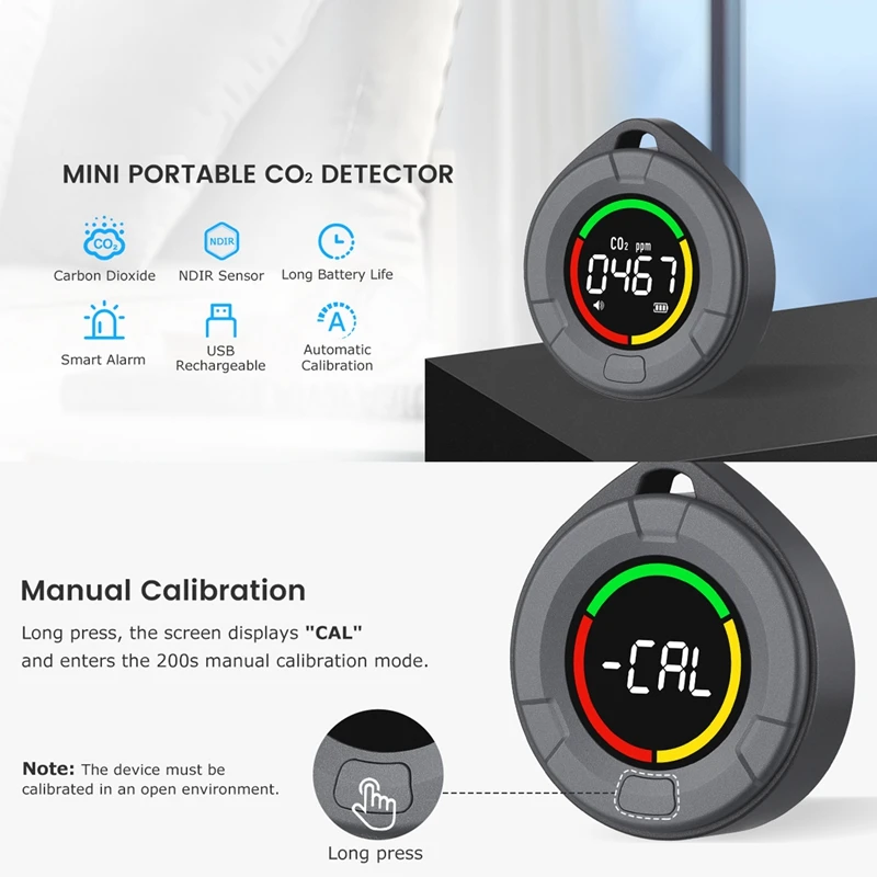 1 PCS Portable CO2 Detector, Mini Indoor CO2 Monitor, NDIR Sensor Black-Gray Plastic For Home, Office, Travel (PTH-10C)