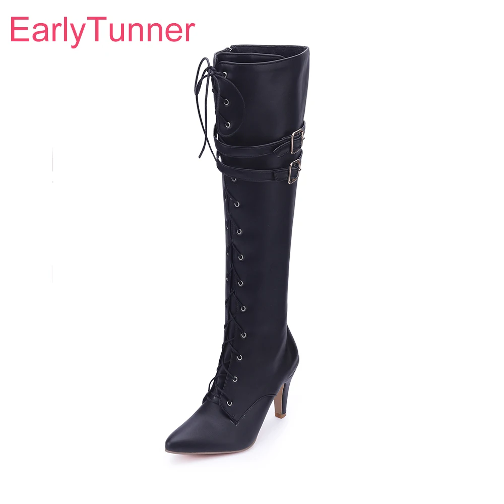 

Совершенно новые теплые черные коричневые женские сапоги до колена с острым носком на высоком каблуке, женская мотоциклетная обувь, маленький большой размер 10, 32, 42, 45, 47