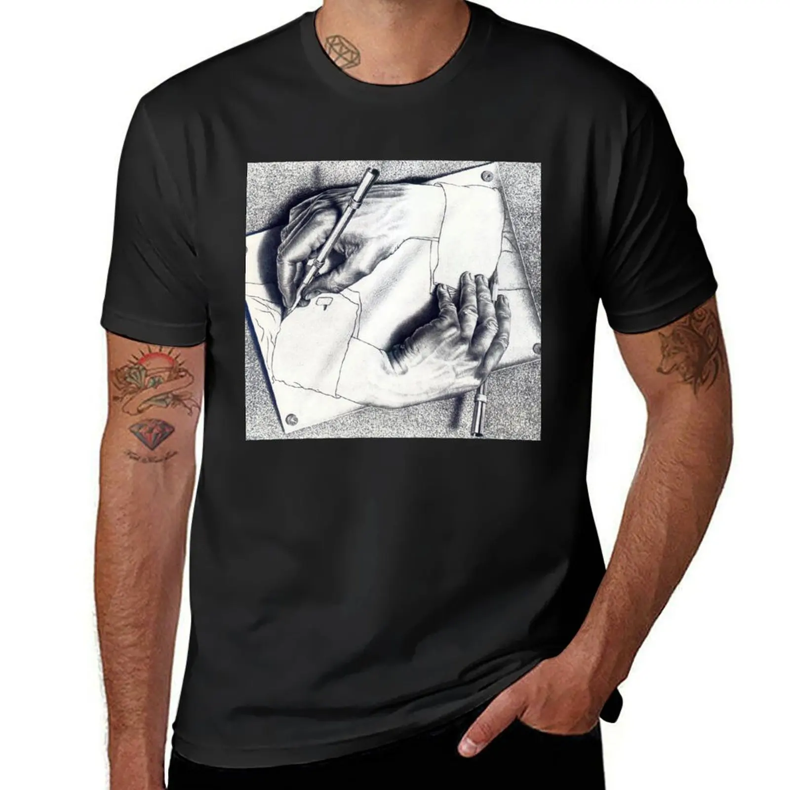 Drawing Hands, lithograph by M.C. Escher T-Shirt summer clothes tops cute tops hippie clothes fruit of the loom mens t shirts