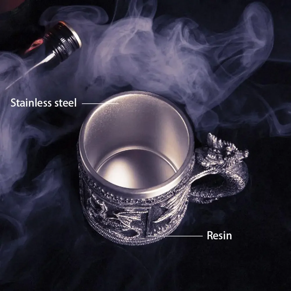 Retro Dragon Resin Stainless Steel Beer Mug Skull Knight Tankard Halloween Coffee Cup Creative Viking Tea Mug Pub Bar Decoration