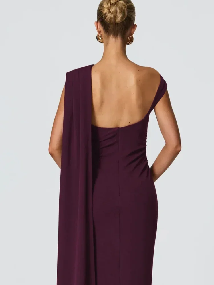 エレガントなワンショルダーロングスカーフドレス女性ファッションノースリーブソリッドスリムプリーツマキシドレス2026レディースイブニングパーティーワンピース