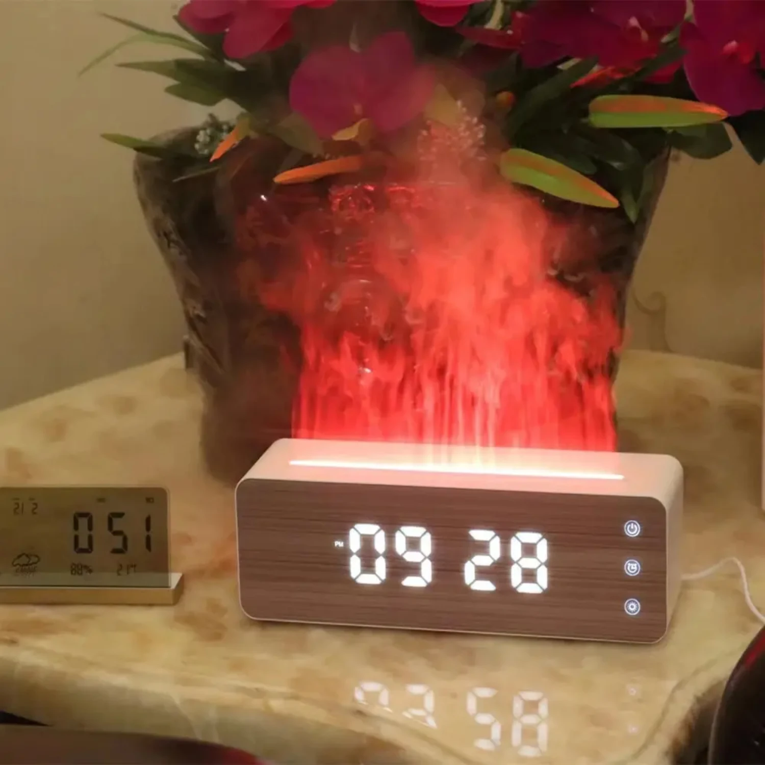 Neue entspannende Atmosphäre Tisch Diffusor Flammen be feuchter mit Aroma therapie Maschine, Uhr und Feuchtigkeit Display-verbessern Sie Ihre ho