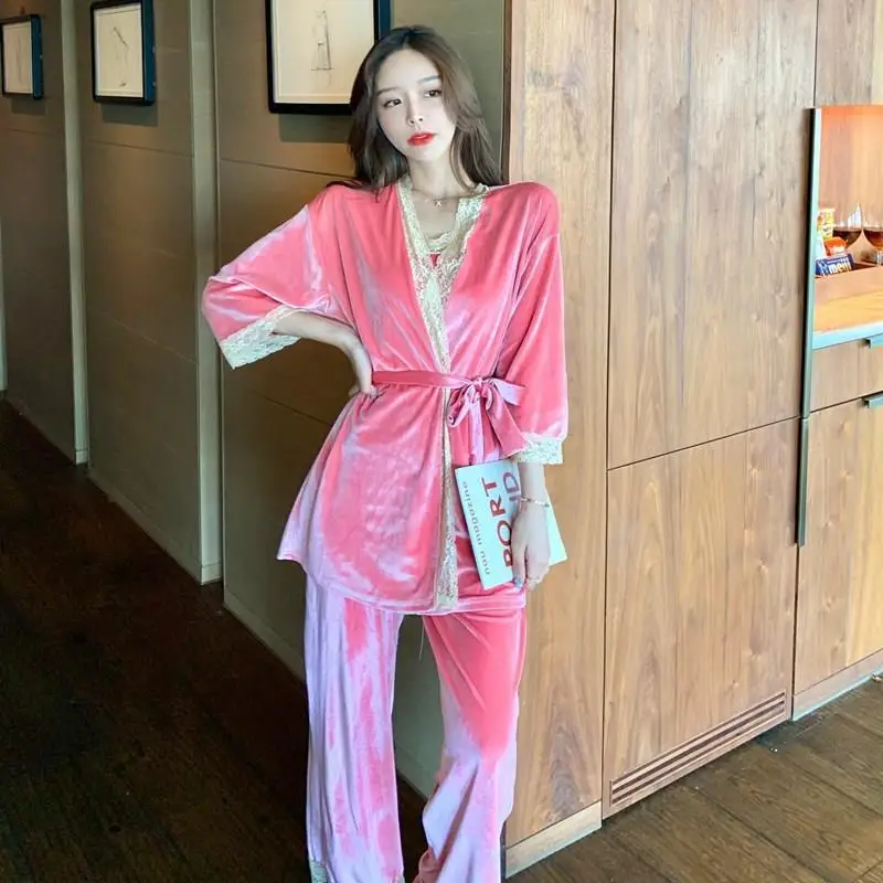 Autumn Winter New Female 3PCS Velvet Pajamas Set Sleepwear Casual Women Velour Lace Nightwear Pijamas Suit Loose Home Wear