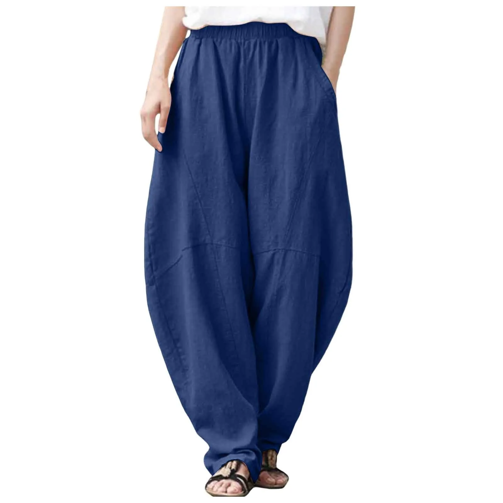 Linen Pants Loose Fit Casual Solid Color Harem Trousers Women's Elastic Waist Summer Baggy Straight Pants Harajuku Pants