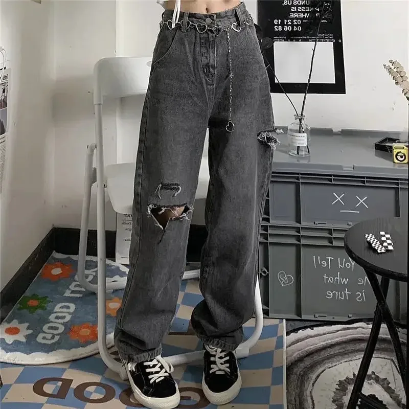 Vintage Streetwear Y2k Dark Gray Ripped Jeans For Women  Design High Waist Jeans Loose Straight Wide Leg Y2k Jean BE1 NBHG5FFTGB view 2