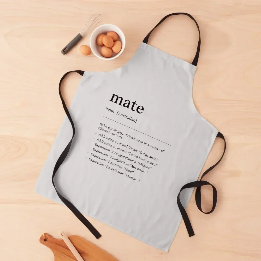 

Mate Black on white Funny Australian slang, phrase and humor definition Apron Womens Dresses Women's Kitchen Kitchen Tools Apron