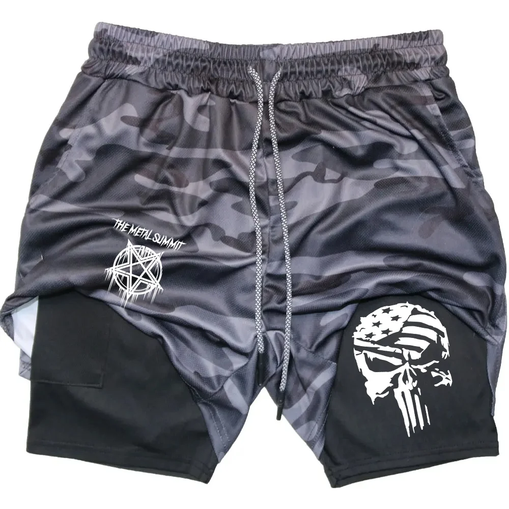 Men's Anime Double Layer Shorts Gym Sports Printing Multi Functional Training Fast Drying Running Pants