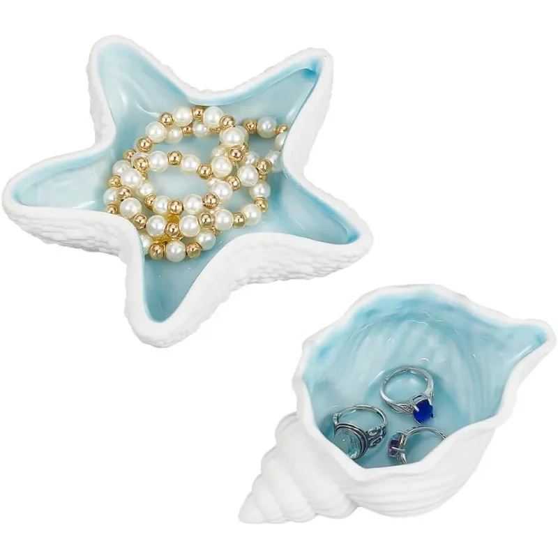 

2 Pcs Ceramic Jewelry Tray Conch Starfish Shape Aqua Shell Trinket Dish Ceramic Ring Earring Holder Ocean-themed Decorative