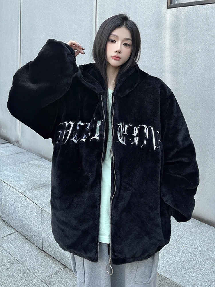 SONNEESD Streetwear Y2K Zipper Full Sleeve Hooded Coat Plush Turtleneck Vintage Harajuku Embroidery Fashion Jacket Cotton Coat