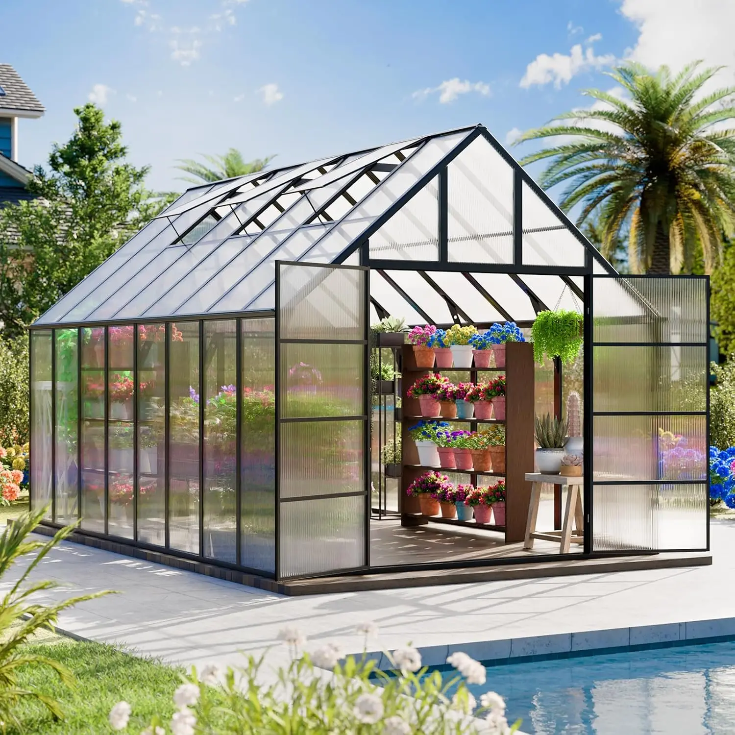 16x10x10 FT Polycarbonate Greenhouse, Aluminum Frame, Black, Custom