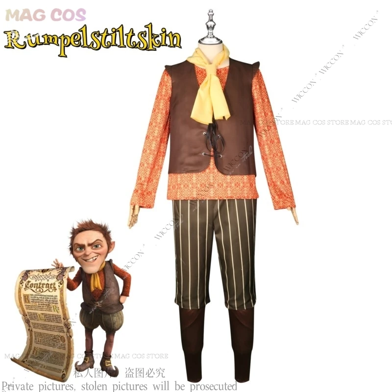 

Monster Rumpelstiltskin Cosplay Costume Fancy Uniform T Shirt Brown Vest Trousers Yellow Scraf Halloween Role Playing King Dwarf