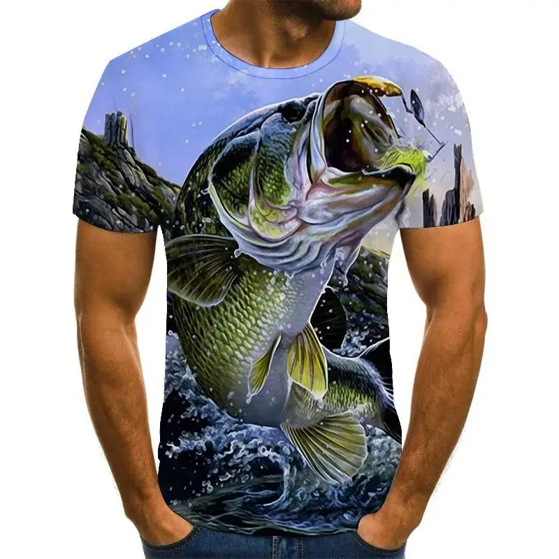 Summer Men's Casual Outdoor Fishing Pattern T-Shirt Fashion Creative 3d Printed O Collar Short Sleeve Street Personality Blazer