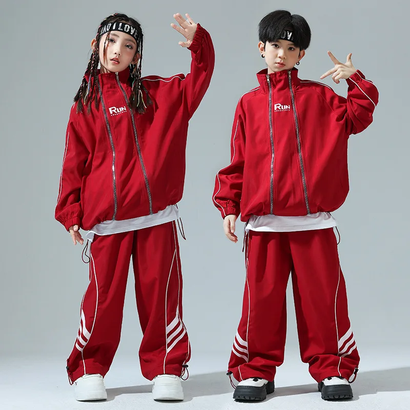 Boys Hip Hop Clothing Red Tops Streetwear Sports Meeting Cargo Pants for Girls Kids Jazz Dance Costume Clothes Set