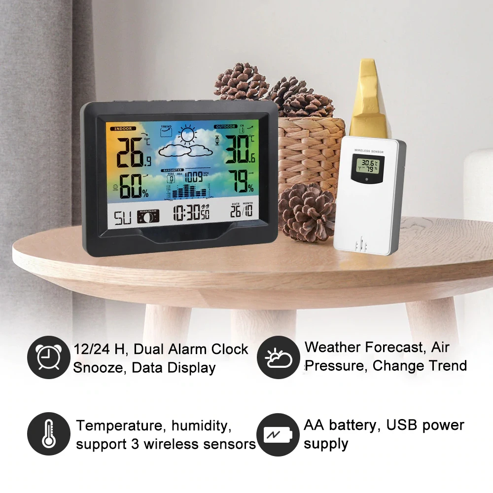 Wireless Weather Station Forecaster Indoor Outdoor Thermometer Hygrometer with Sensor Color Touch Screen Alarm Clock Calendar