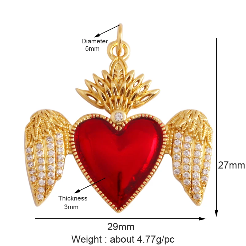 New in Sacred Red Heart Charm Victorian Love Zircon Charm Pendant,Fashion Wing 18K Gold Plated for Jewelry Making Supplies P04