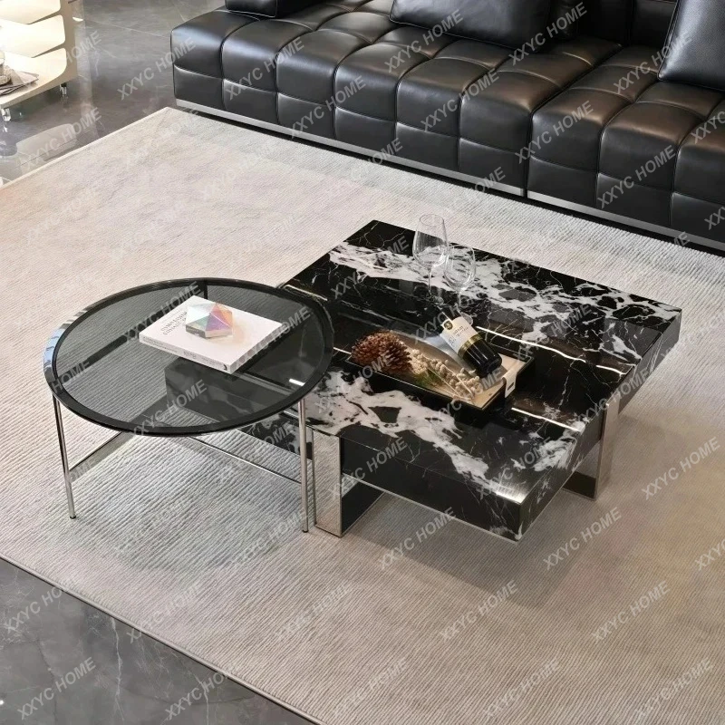 A Italian Minimalist Black Coffee Table Modern Marble Square Light Luxury High-grade Luxury Stone Coffee Table