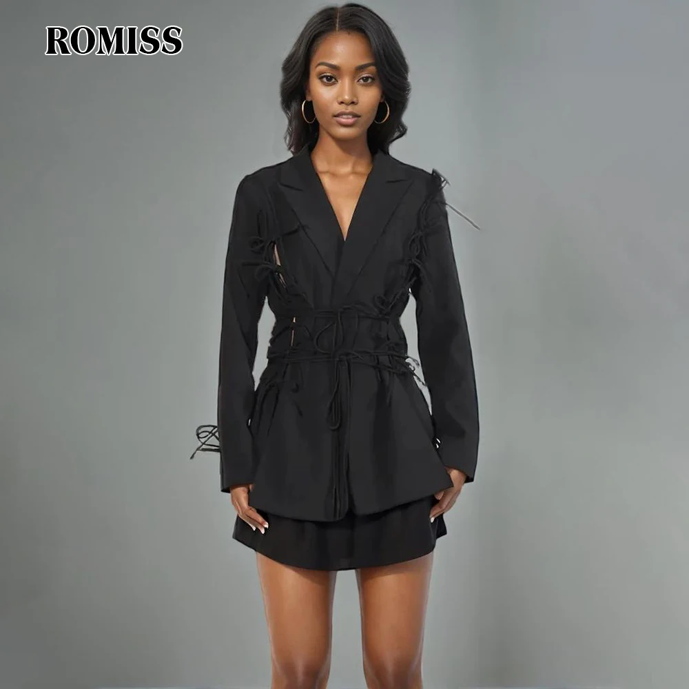 

ROMISS Patchwork Lace Up Solid Chic Blazers For Women Notched Collar Long Sleeve Fashion Temperament Slimming Blazer Female