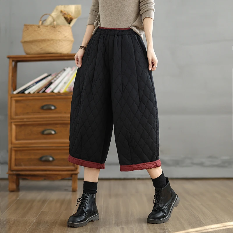 レッドカジュアルウォームダウンコットンパンツレディースプラスサイズハイウエストスリムファッショナブルストレートレッグワイドレッグトラウザーズ