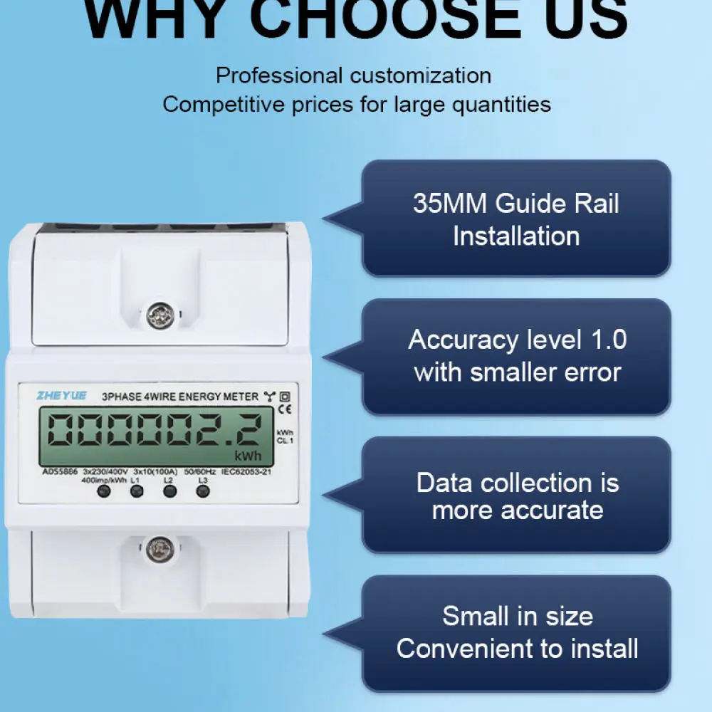 Industrial Three Phase Current Meter Digital LCD Screen DIN Rail Mount Electric Energy Monitor Power Supply Management Device