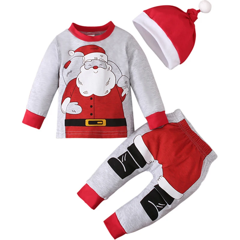 babzapleume Fall Christmas Costume Newborn Baby Girls Boys Clothes Set Cartoon Cute Print Tops+Pants+Hats Kids Tracksuit 047