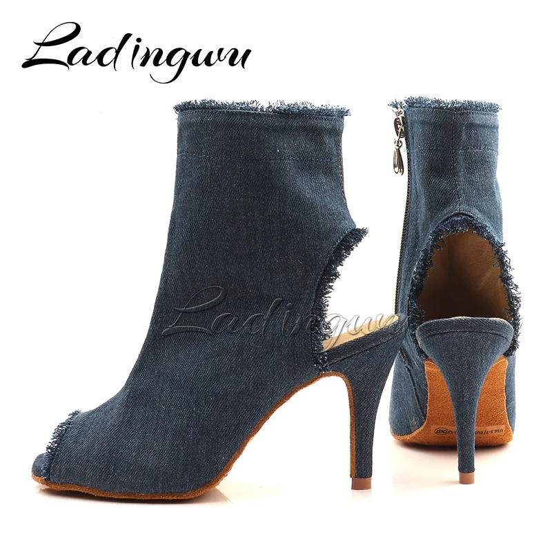 Ladingwu 2022 New Dance Shoes Denim Classic Blue Latin Samba Cha Cha Dance Shoes Heel Cutout Design Fashion Dance Boots