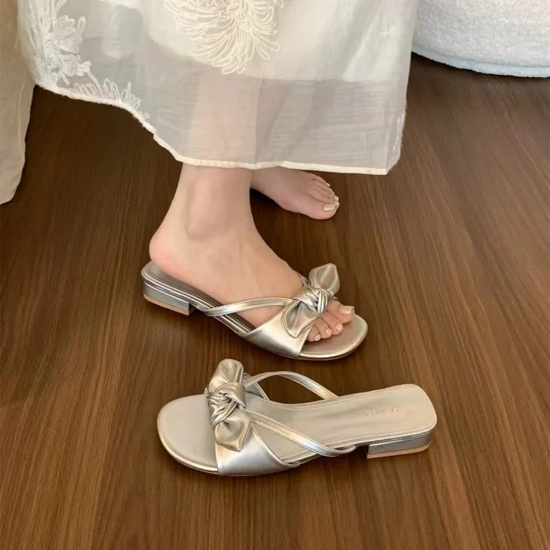 

Middle Heel Peep Toe PU Butterfly-knot Shoes for Women 2024 New Modern Slippers Fashion Summer Outdoor New Women's Slippers