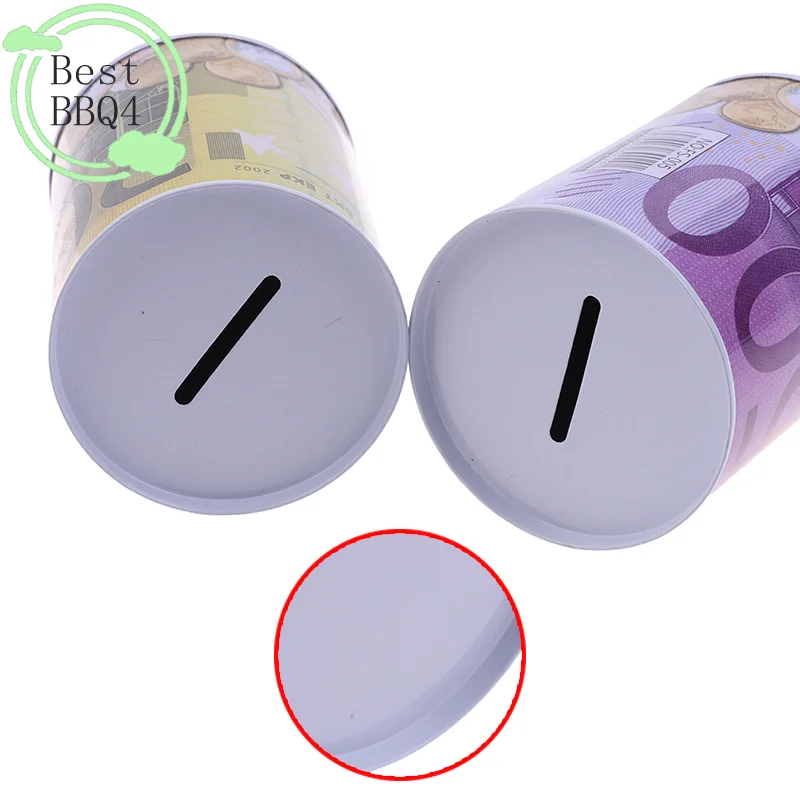 (BBQ4)1PC Creative Tinplate Cylinder Piggy Bank Euro Dollar Picture Box Household Saving Money Box Home Decoration Money Box