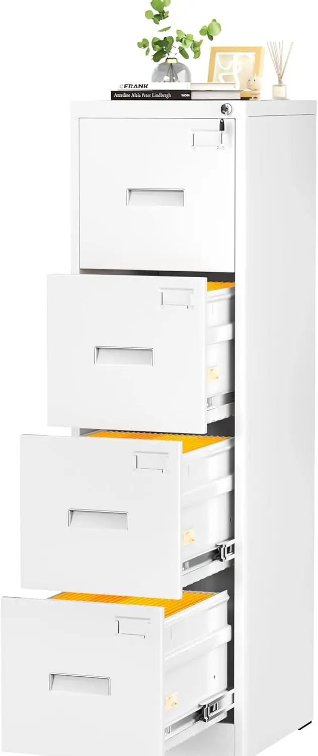 

4 Drawers File Cabinet with Lock, 18" D Vertical Filing Cabinet for Home Office, Metal White File Cabinet for Hanging