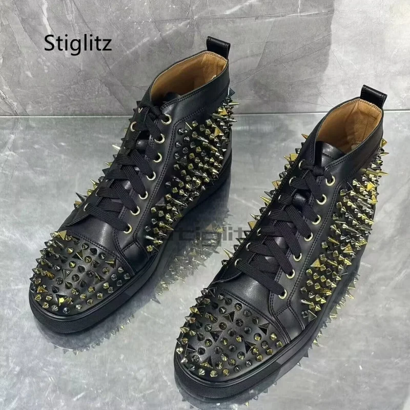 Rivets Casual High Top Men's Shoes Sneakers Lace Up Flats Shoes Autumn Winter Leather Comfortable Breathable Couple Shoes