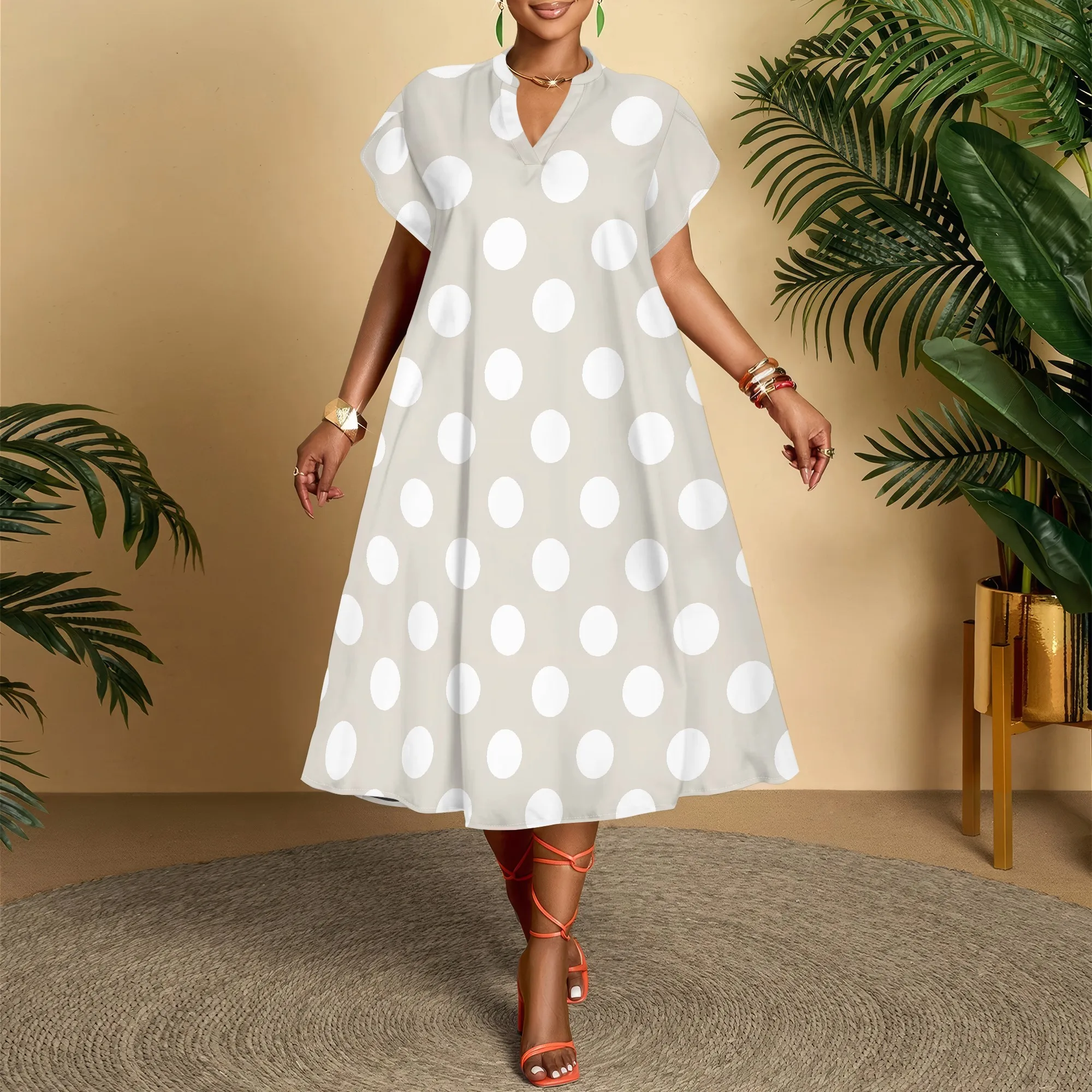 

Polka Dot V-Neck Dress, Short Sleeve Midi Dress, Casual Summer Wear for Women, Beach Vacation Outfit, XS-3XL