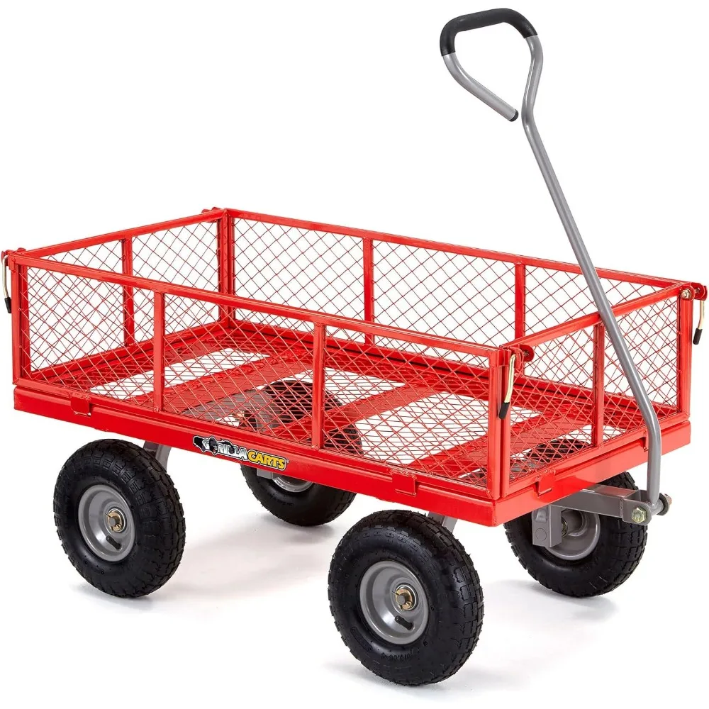 

800 Pound Capacity Steel Utility Cart, Flatbed Dolly Gardening Cart Outdoor Yard Wagon with Tow Handle and Removable Sides, Red