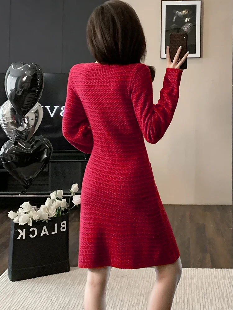 2024 Red Knitted Thick Warm Sweater Dress Women Korean Vintage Luxury Festival Midi Dress Autumn Winter Long Sleeve Party Dress