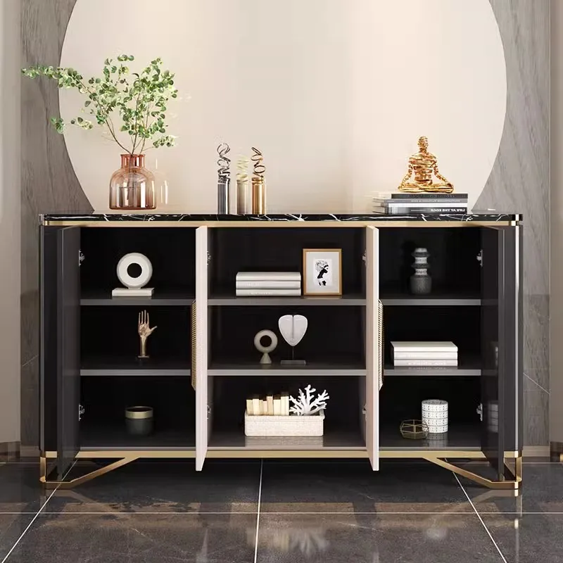 !@Modern Luxury Buffet Sideboard Handmade White Wood Cabinet with Gold Stainless Steel Accents & Marble Top for Dining/Living Ro