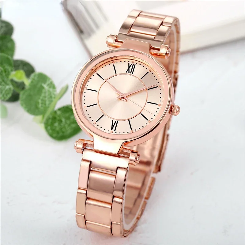 Relógios de aço inoxidável de ouro rosa para mulheres, Classic Round Dial Quartz Watch, Relógios de pulso femininos, Jóias de pulso