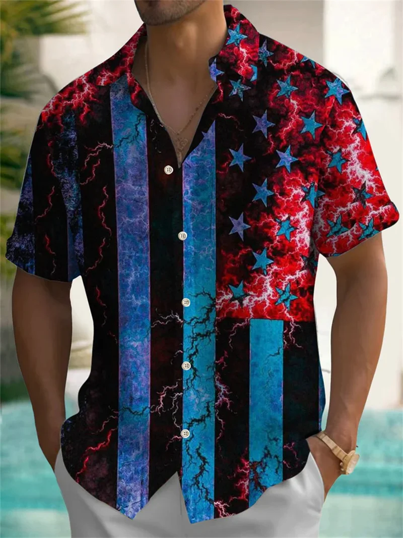 

Men's short sleeved shirt, lapel, casual short sleeved shirt, fashionable new street outdoor retro landscape ink wash shirt