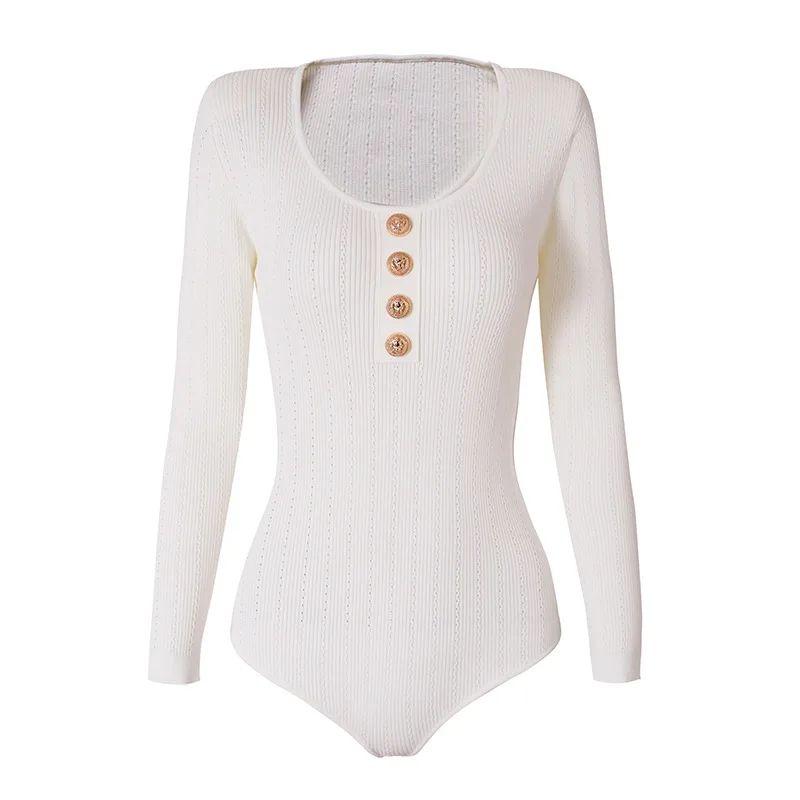 

Autumn and winter bottom new round tie shoulder cotton long sleeve knitted jumpsuit