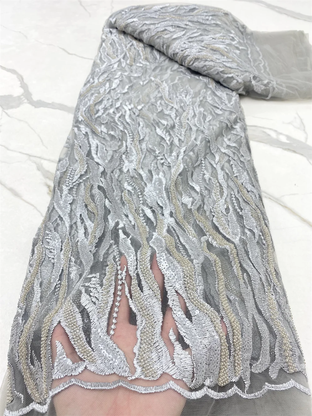 

Elegant French Embroidery Heavy Beaded Net Lace Fabric 2025 African Nigerian Tulle Mesh with Sequins Fabric for Wedding Dress