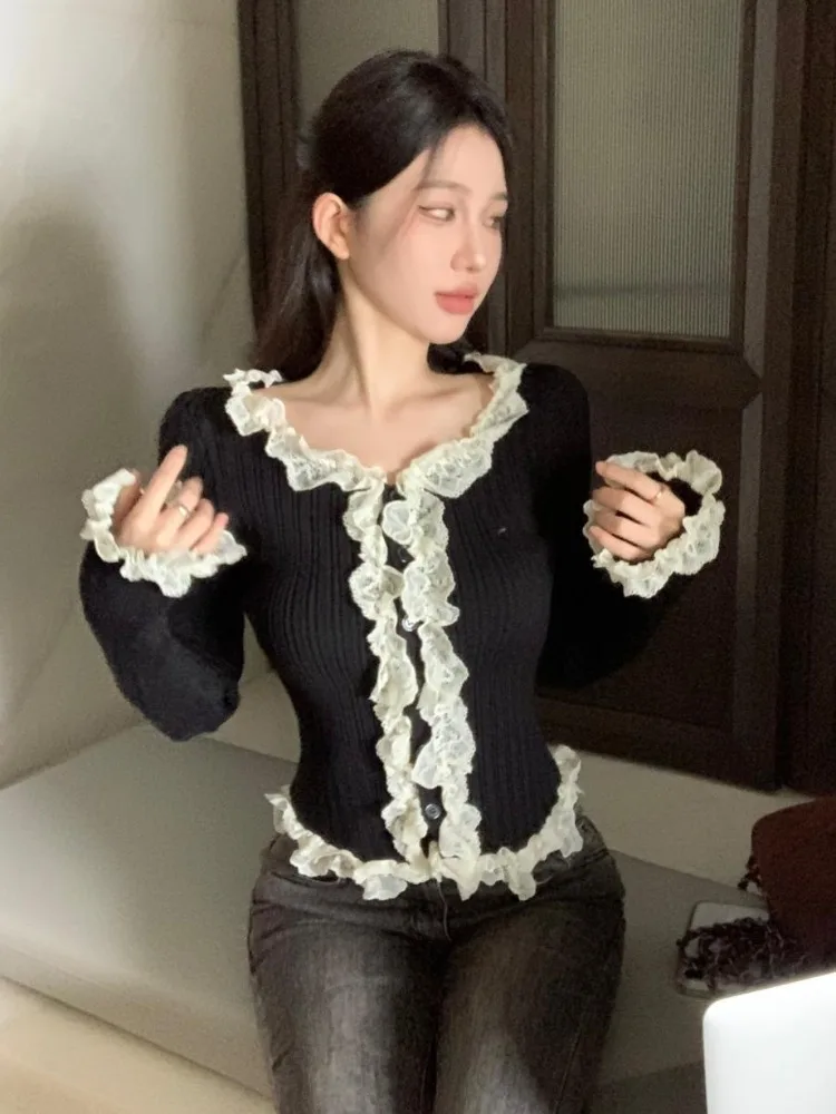 Sweet Knitted Cardigan Women Clothing Long Sleeve Tunic Sueter Mujer Patchwork Lace Ruffles Fashion Crop Sweater Tops Pull Femme