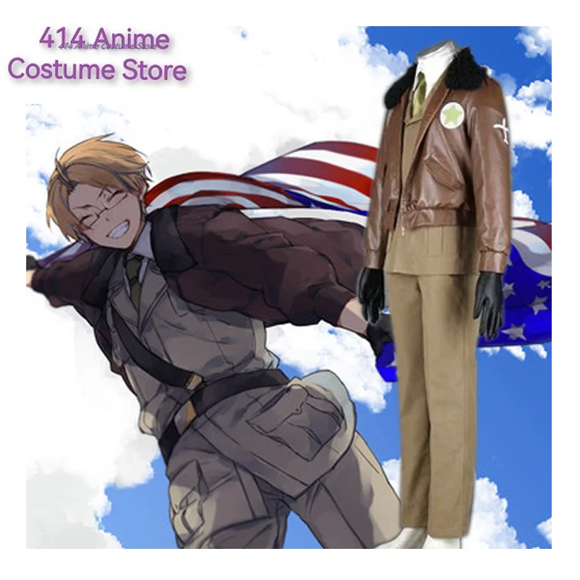 American Military Uniform APH Axis Powers Hetalia Alfred F. Jones Cosplay Costume Halloween Adult Brown Uniform for Man Woman