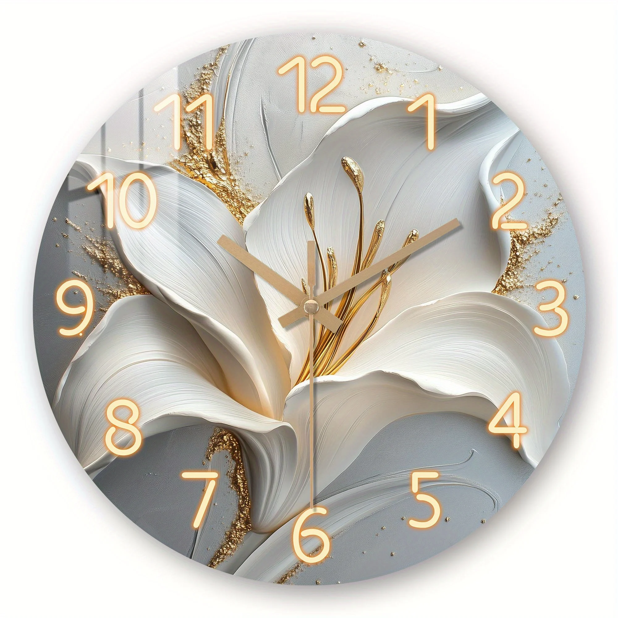 1pc Floral White Lily Crystal Porcelain Wall Clock, Pure Wooden Non Ticking Clocks, Tempered Film Veneer Wall Clocks for Home, Living Room, Bedroom Wall Decor, Ideal for Holiday, Birthday Gift AA Battery Powered (Not Included)