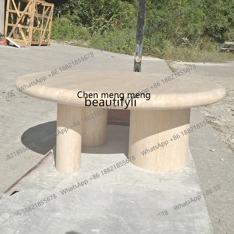 

182Q Cream Style Natural Marble Cave Stone round Living Room Design Light Luxury Tea Table