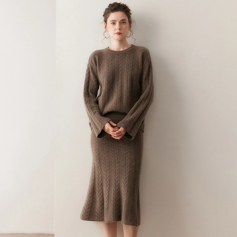 Autumn And Winter Fashionable Three-Dimensional Cable-Knit 100% Cashmere Suit Dress With Round-Neck Top And Fishtail Skirt Set