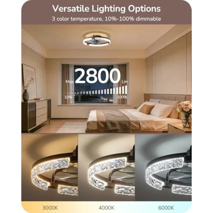 Bedroom ceiling fan with light: brown low-profile flush mount fandelier, LED dimmable 3000-6000K, 6-speed DC motor, remote and