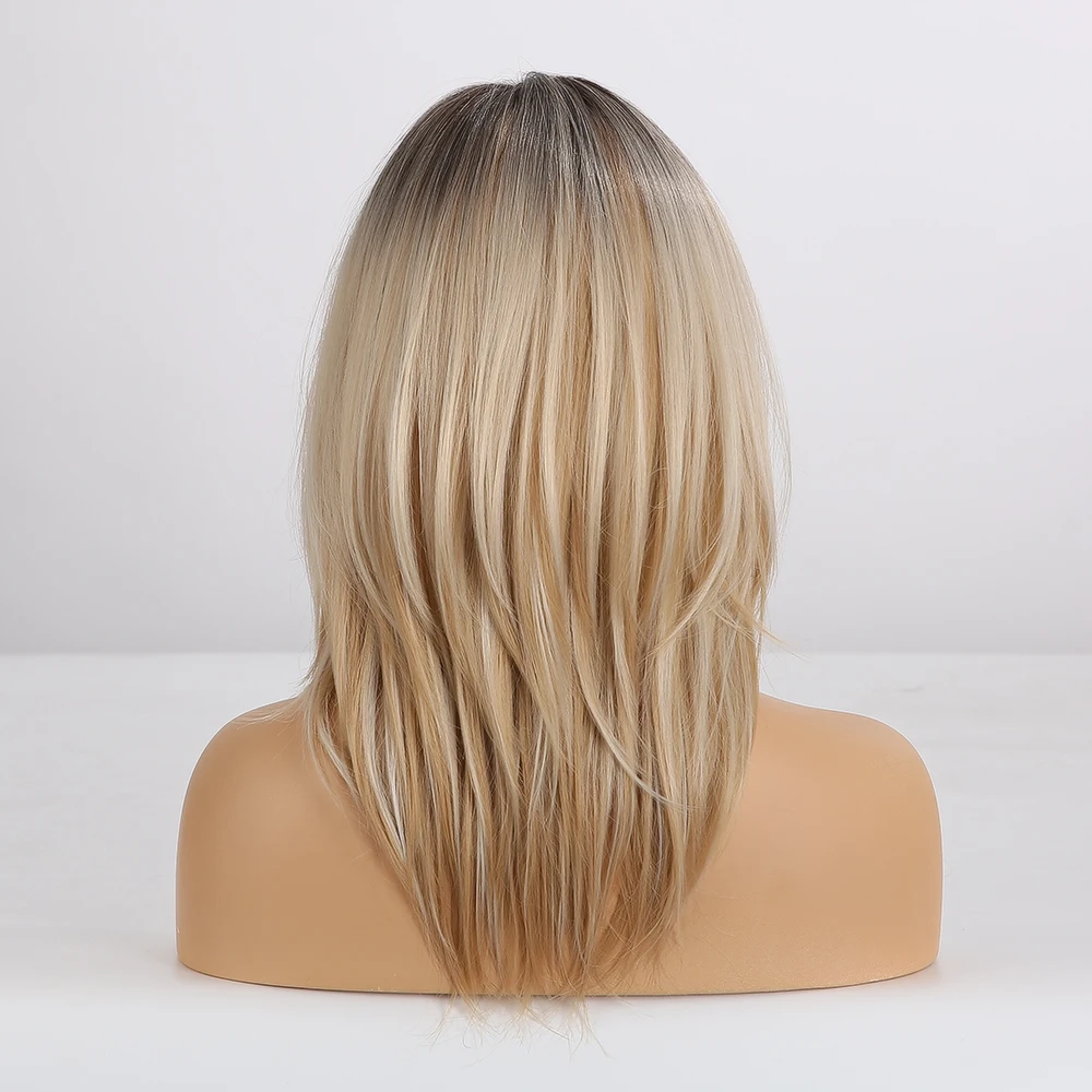 Blonde goldbraune Ombre lange gerade synthetische Perücke für Frauen mit Vorhang-Pony, hitzebeständiges Haar für Frauen, tägliche Party – Detail 5