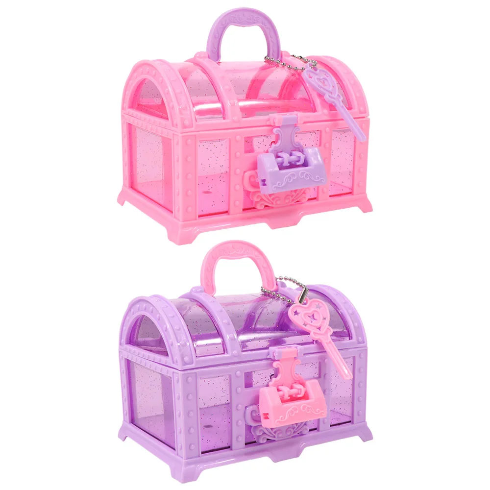 Pink/Purple Kids Jewelry Box Pretend Play With Lock Cute Makeup Box Storage Case Plastic Treasure Chest Kids