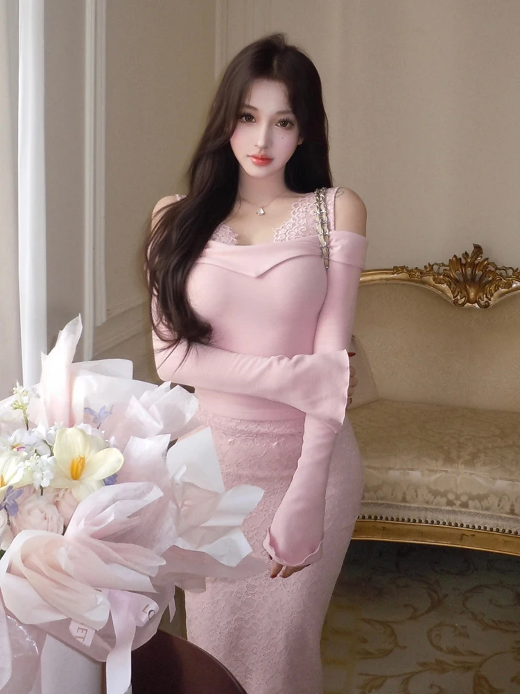 REDDACHiC Off-shoulder Top Skirt Set Women Coquette Flare Sleeves T-shirt Lace Stretch Midi Long Bodycon Skirt Sexy Knitwear
