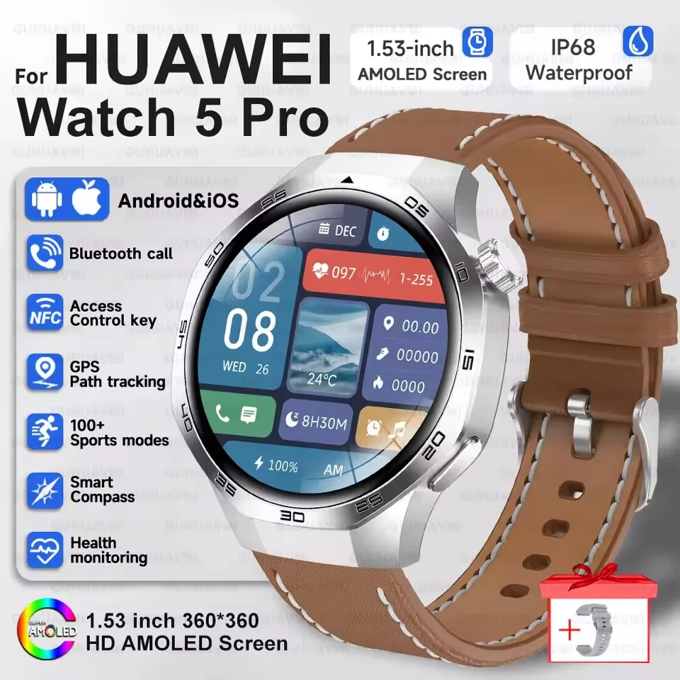 2025 Guhuavm Watch GT5Pro Smart Watch Men HD AMOLED Screen GPS Tracker Bluetooth Call Health Waterproof Smartwatches Heart Rate