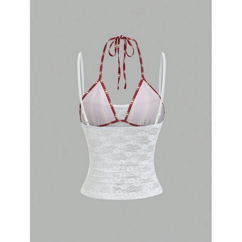 Women Vintage Color Block Lace Splice Cami Vest Fake Two Piece Tie Waist Cropped Hot Girl Slim Tops
