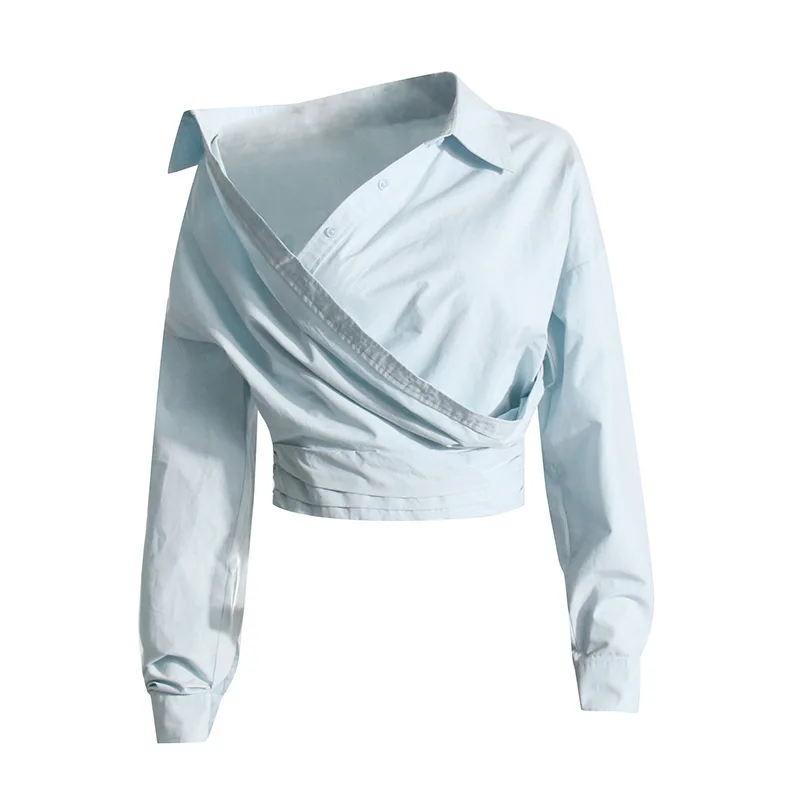 HKSH 2025 Spring New Women Niche Design Irregular Cross Off Shoulder Tops Design High Sense Long Sleeve Shirt Chic Shirts HK4303