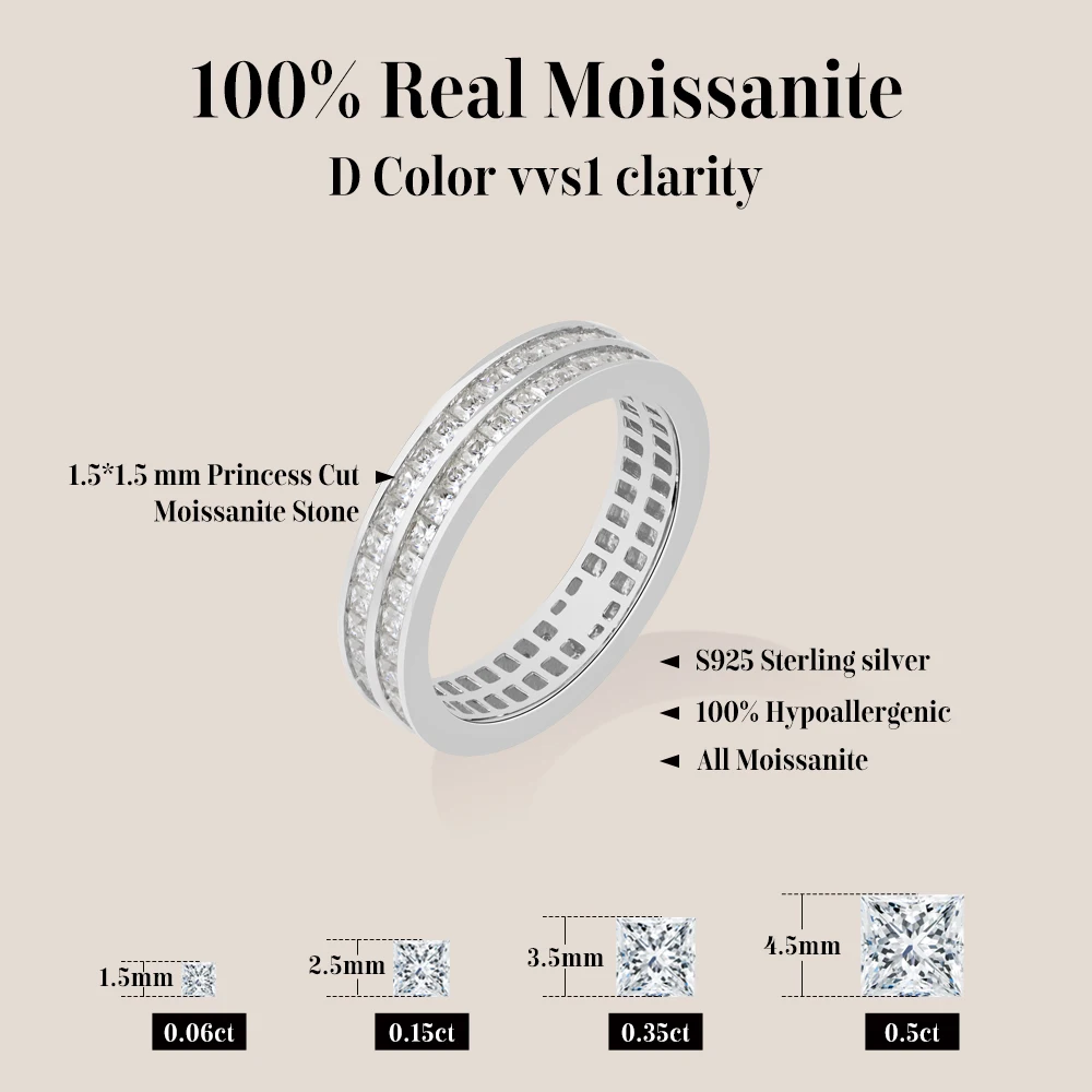 Mintybox DVVS1 Color Moissanite Ring 925 Sterling Silver Double Row Full Eternity Band Stackable Wedding Engagement Jewelry Gift